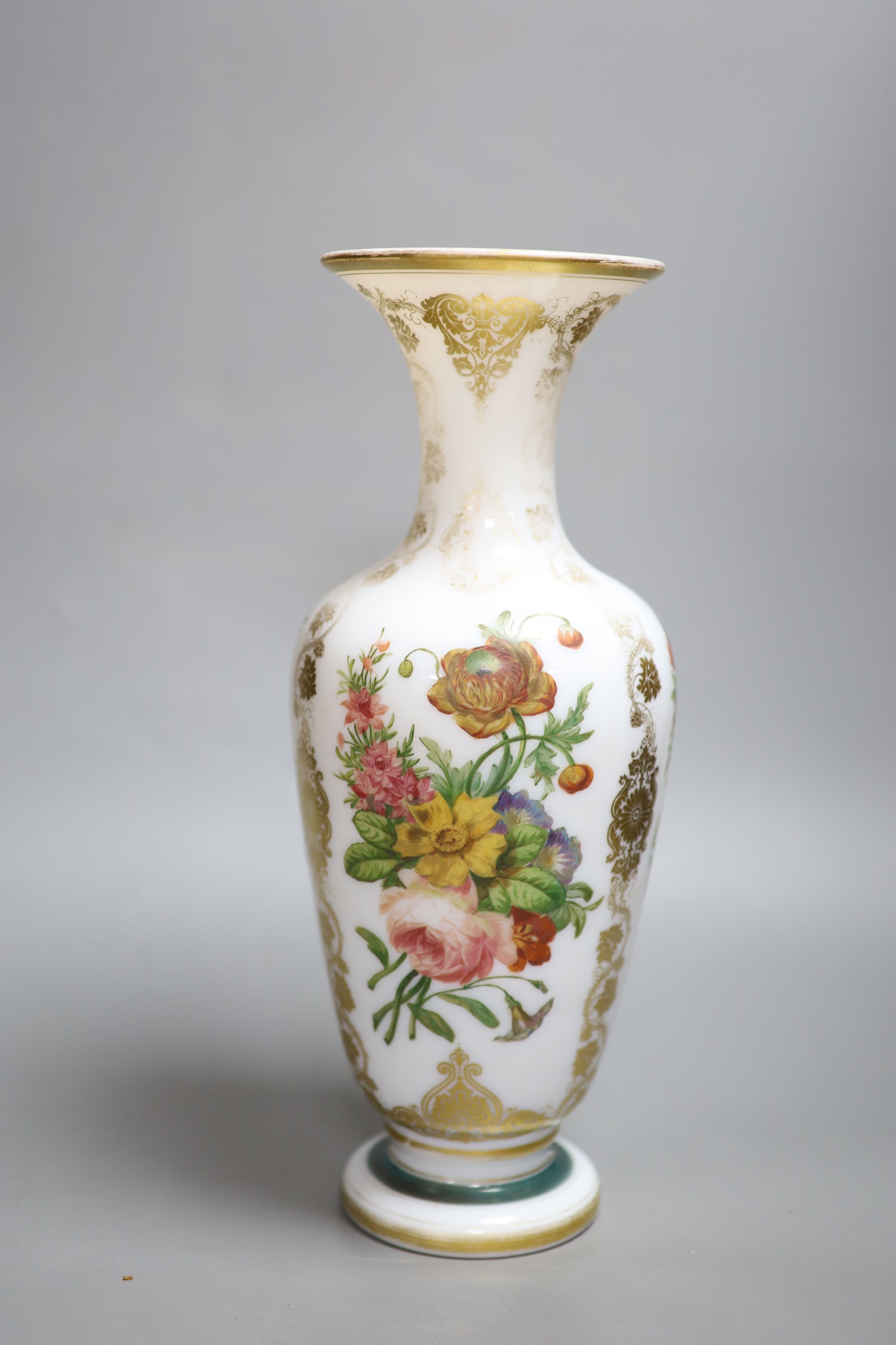 A Victorian painted opaline glass vase, height 35cm